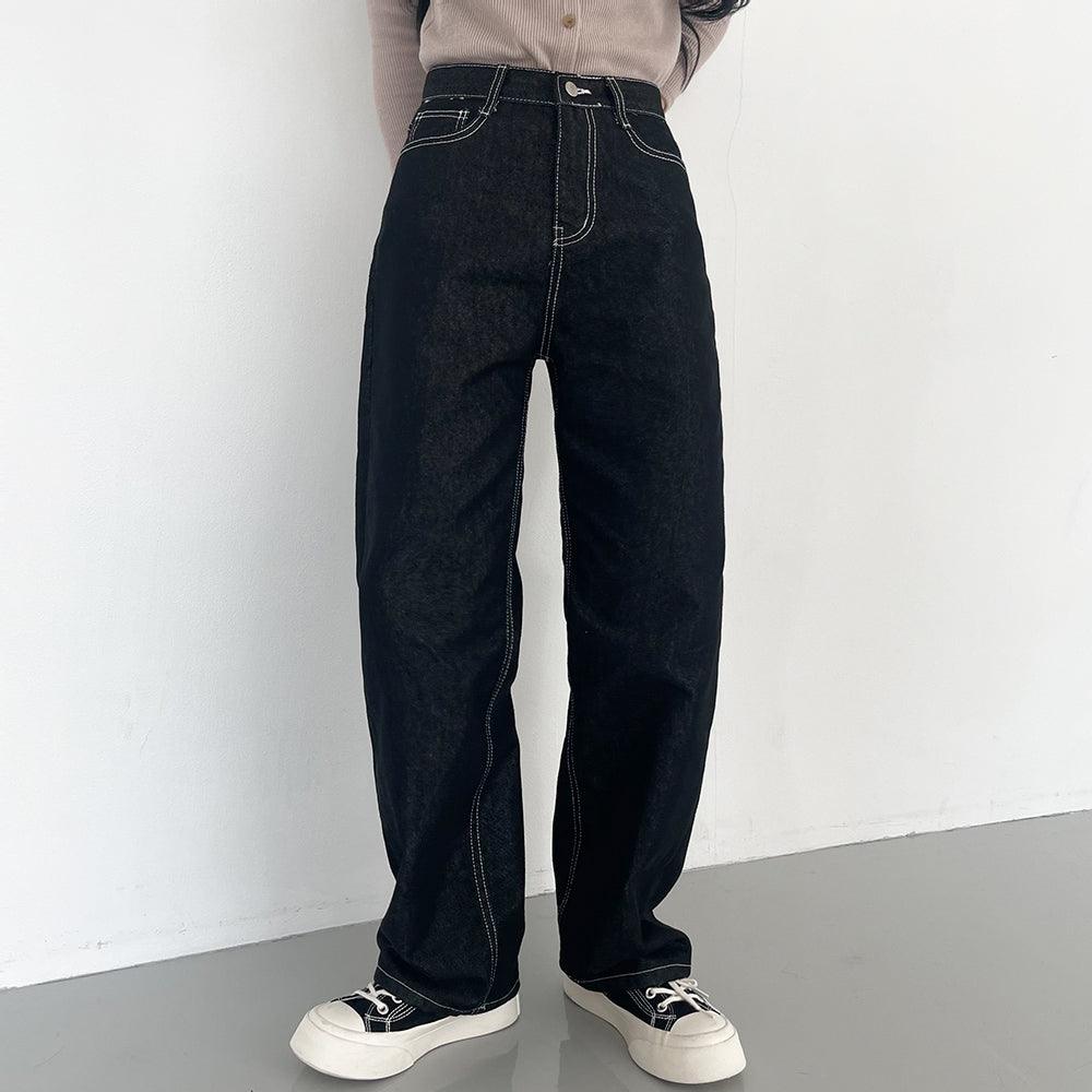 【現貨黑M】明線闊腳牛仔褲 <KR> (S-L) - IKIMSTORE