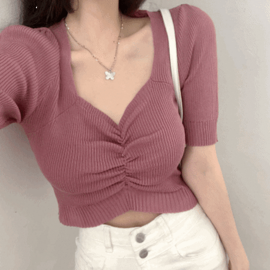 法式心形領抓皺針TOP - IKIMSTORE
