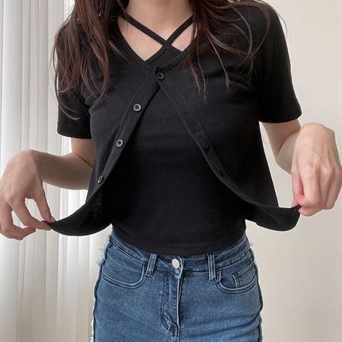 【現貨黑】🧡直紋交叉吊帶+小外套(套裝) - IKIMSTORE