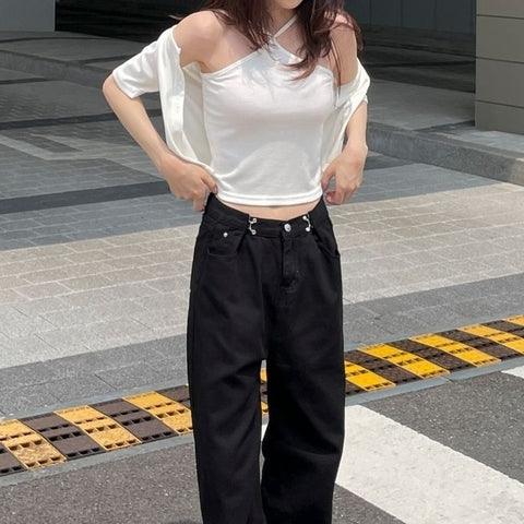 【現貨黑】🧡直紋交叉吊帶+小外套(套裝) - IKIMSTORE