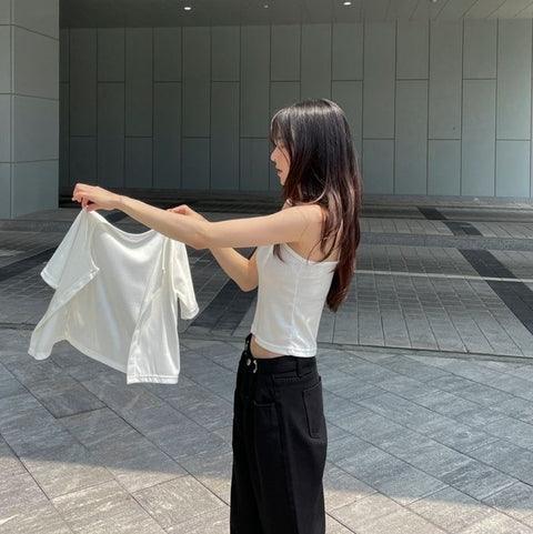 【現貨黑】🧡直紋交叉吊帶+小外套(套裝) - IKIMSTORE