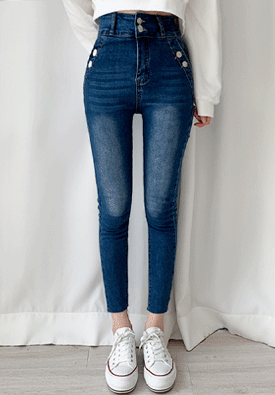 雙扣修身彈性水洗直腳牛仔褲 - IKIMSTORE