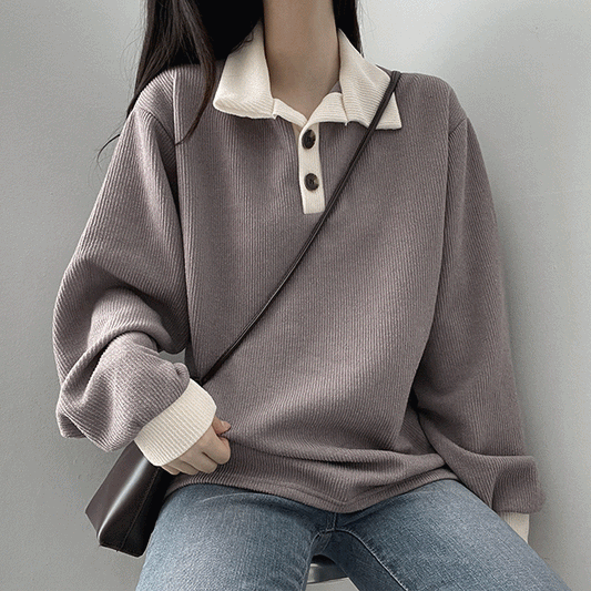 韓製羅紋開鈕撞色T恤<KR> - IKIMSTORE