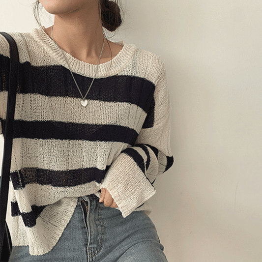 【現貨Beige/寬鬆薄款】韓製直坑條紋針織上衣<KR> - IKIMSTORE
