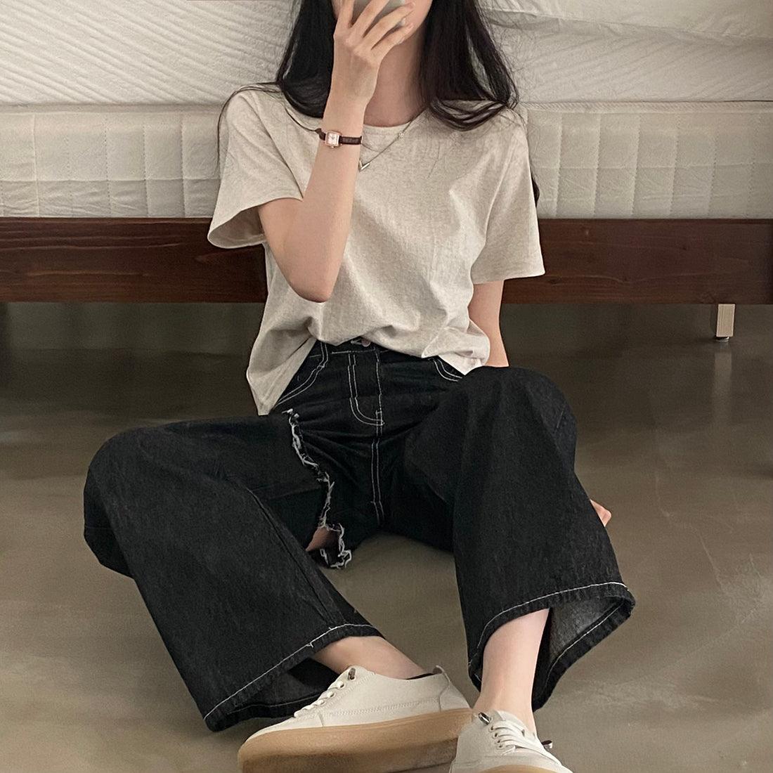 明線大腿割破闊腳牛仔褲<KR> - IKIMSTORE