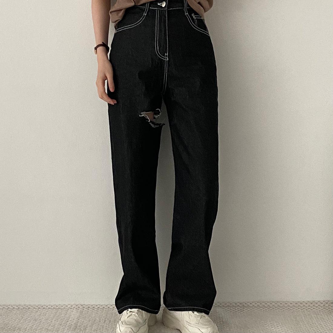 明線大腿割破闊腳牛仔褲<KR> - IKIMSTORE