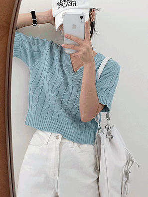 韓製麻花V領短袖針織衫(6color) - IKIMSTORE