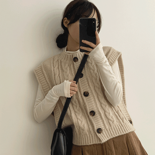 【現貨Cream】韓製鈕扣麻花針織背心<KR>(7color) - IKIMSTORE