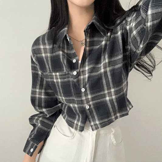 秋季格紋口袋短款恤衫 - IKIMSTORE