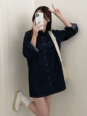 明線牛仔恤衫迷你連衣裙(2color) - IKIMSTORE