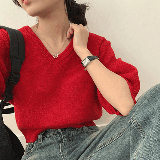 【10色】韓製春季V領短袖針織衫