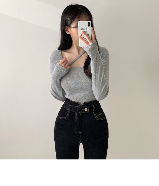 韓製方領斜線長袖T恤