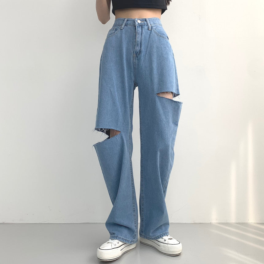 【☀️薄牛仔】雙側割破闊腿牛仔褲(S-2XL)