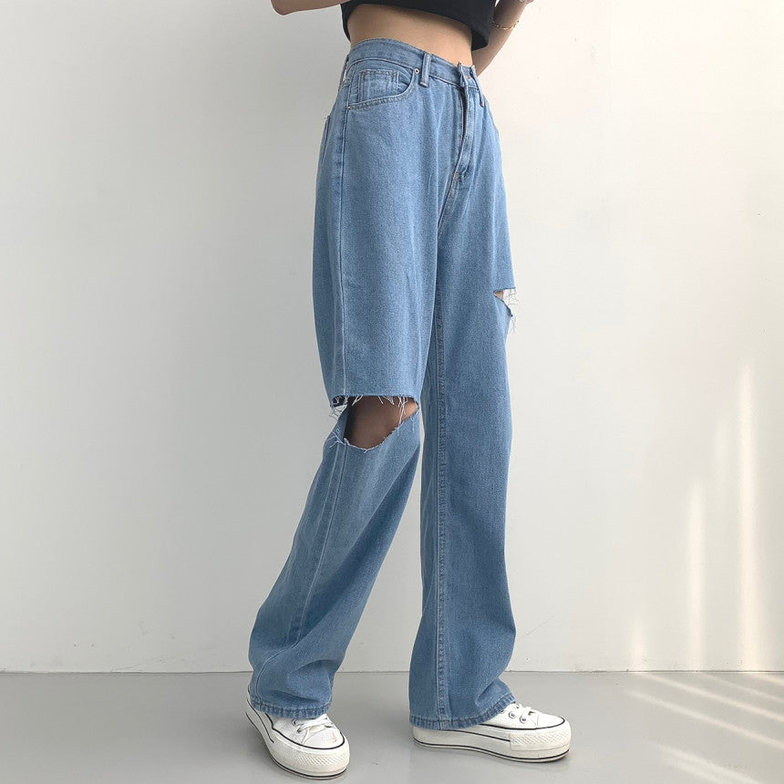 【☀️薄牛仔】雙側割破闊腿牛仔褲(S-2XL)