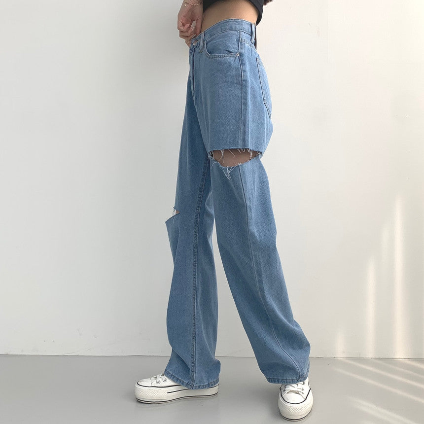 【☀️薄牛仔】雙側割破闊腿牛仔褲(S-2XL)