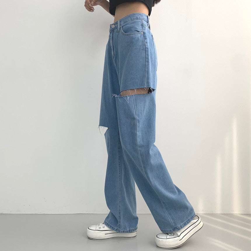 【☀️薄牛仔】雙側割破闊腿牛仔褲(S-2XL)