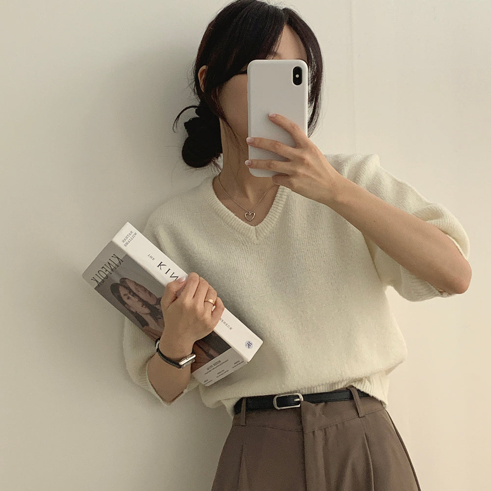 【10色】韓製春季V領短袖針織衫