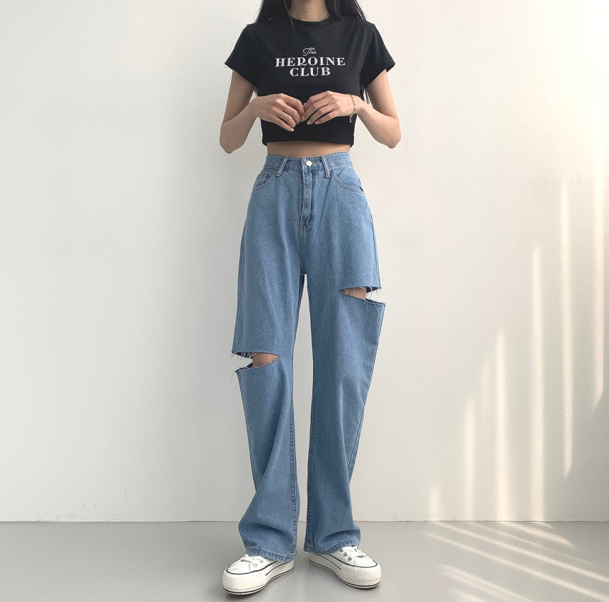 【☀️薄牛仔】雙側割破闊腿牛仔褲(S-2XL)
