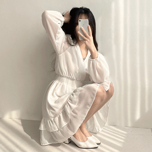 【心動~】🍰仙女V領雪紡連衣裙