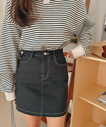 韓製棉質明線迷你裙(S-2XL)