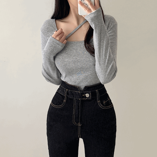 韓製方領斜線長袖T恤