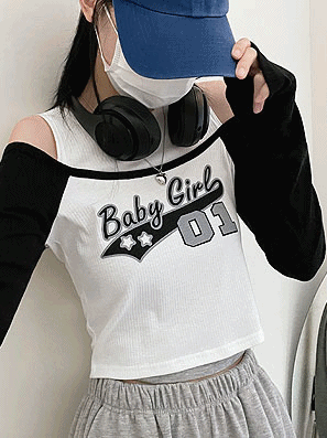 撞色印花露肩長袖T