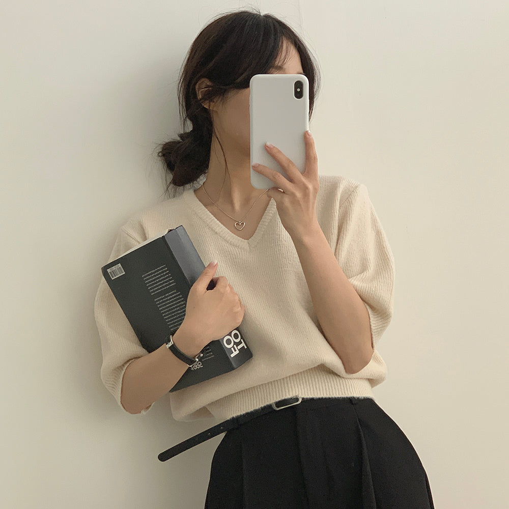 【10色】韓製春季V領短袖針織衫