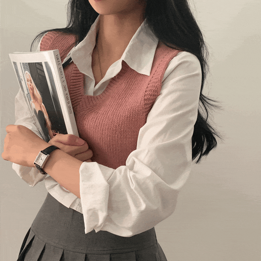 【春季新款/10色】韓製V領短款針織背心 - IKIMSTORE