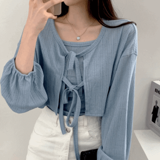 【現貨】蝴蝶結綁帶背心開衫套裝<KR> - IKIMSTORE