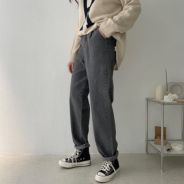 【現貨藍(m)】韓製單褶直筒牛仔褲<KR> (S-L) - IKIMSTORE