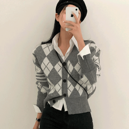 【現貨】撞色菱格針織外套(2color) - IKIMSTORE