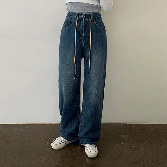【後鬆緊腰】高腰綁帶牛仔寬褲(S-L) - IKIMSTORE