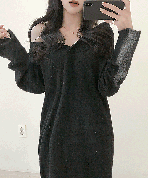 【現貨灰】慵懶開鈕帶帽針織連身裙<KR> - IKIMSTORE