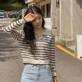 翻領條紋長袖針織上衣 - IKIMSTORE