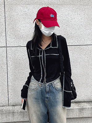 明縫針線小V領長袖T恤 - IKIMSTORE