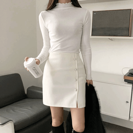 【現貨白】木耳邊氣質打底TOP <KR> - IKIMSTORE