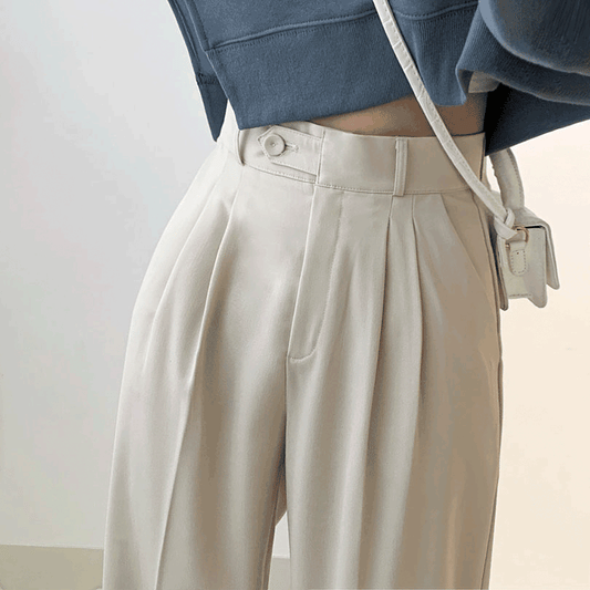 【獨特側鈕!】高腰兩針褶西裝闊褲(S-XL) - IKIMSTORE