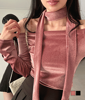 【現貨黑】🦢Velvet頸帶+露肩T恤套裝<KR> - IKIMSTORE
