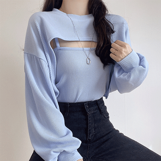 【SET】羅紋短版外套+背心套裝<KR> - IKIMSTORE