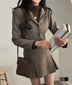 韓製斜紋軟呢短西裝外套+裙子套裝 - IKIMSTORE