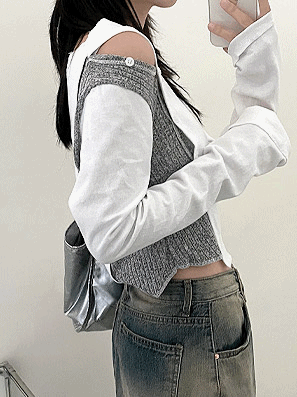 【Unique】斜開鈕拼接撞色長袖T恤<KR> - IKIMSTORE