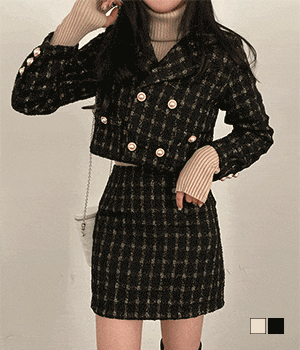 【現貨黑】閃亮珍珠鈕扣短款外套+迷你裙兩件套 - IKIMSTORE