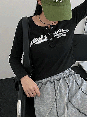 刻字鈕扣羅紋短款T恤(2color) - IKIMSTORE