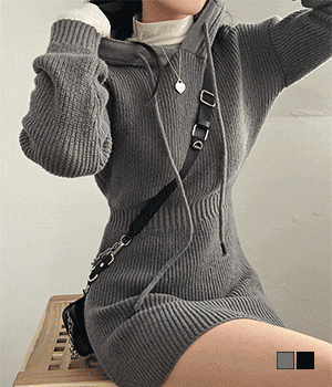 【現貨灰】連帽針織迷你連衣裙 - IKIMSTORE