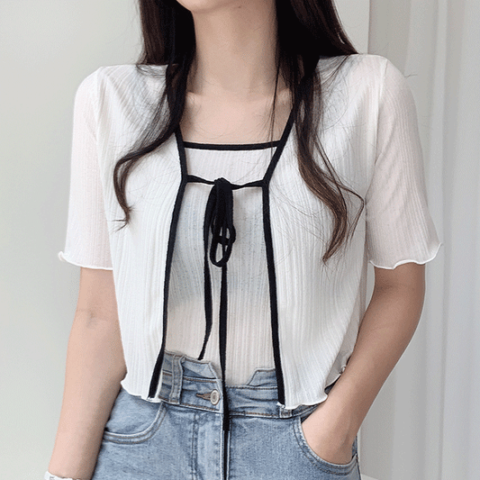 【完美搭配SET!】涼感綁帶撞色短袖開衫+背心套裝<KR> - IKIMSTORE