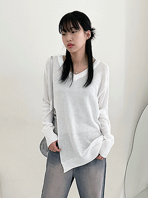 韓製V領開衩透膚針織衫<KR> - IKIMSTORE