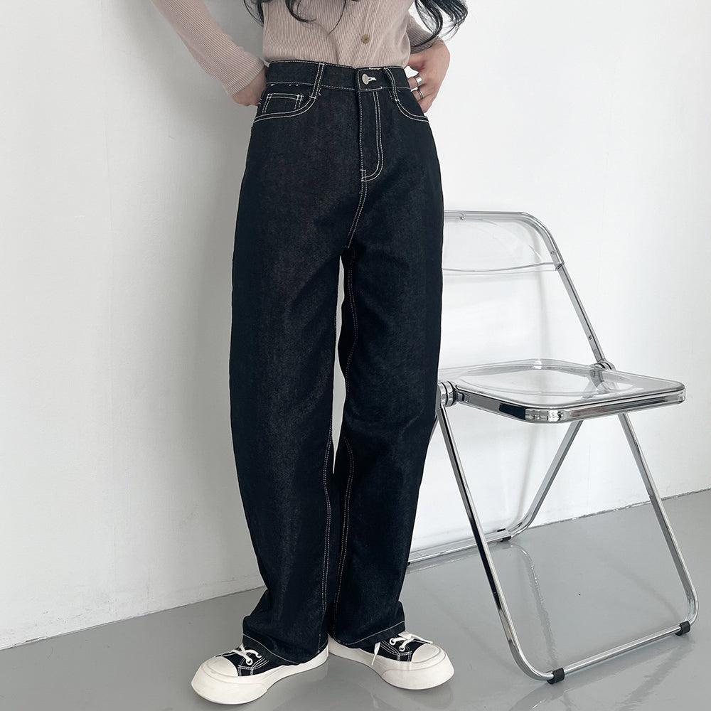 【現貨黑M】明線闊腳牛仔褲 <KR> (S-L) - IKIMSTORE