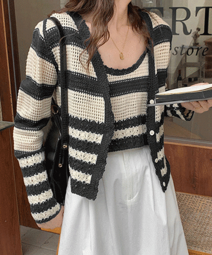 【套裝】縷空勾花條紋背心+外套 - IKIMSTORE