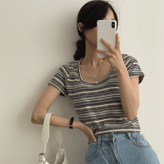 彩色波浪條紋方領T恤<KR> - IKIMSTORE