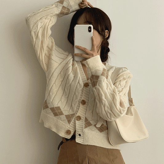 菱格麻花V領針織開衫 - IKIMSTORE